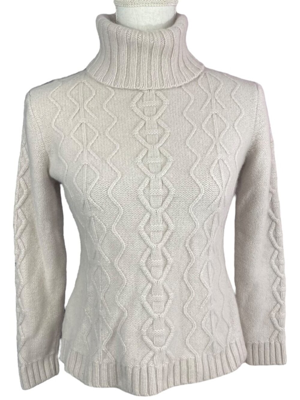 Lafayette 148 100% Cashmere Sweater M Beige Cable Knit Turtleneck Pullover Cream